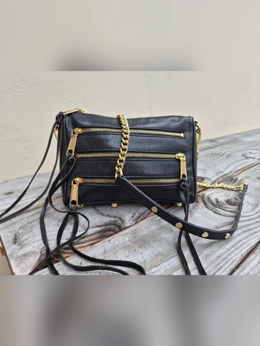 Rebecca Minkoff Black Leather Studded Crossbody Bag with Gold Zippers - Picture 2 of 16